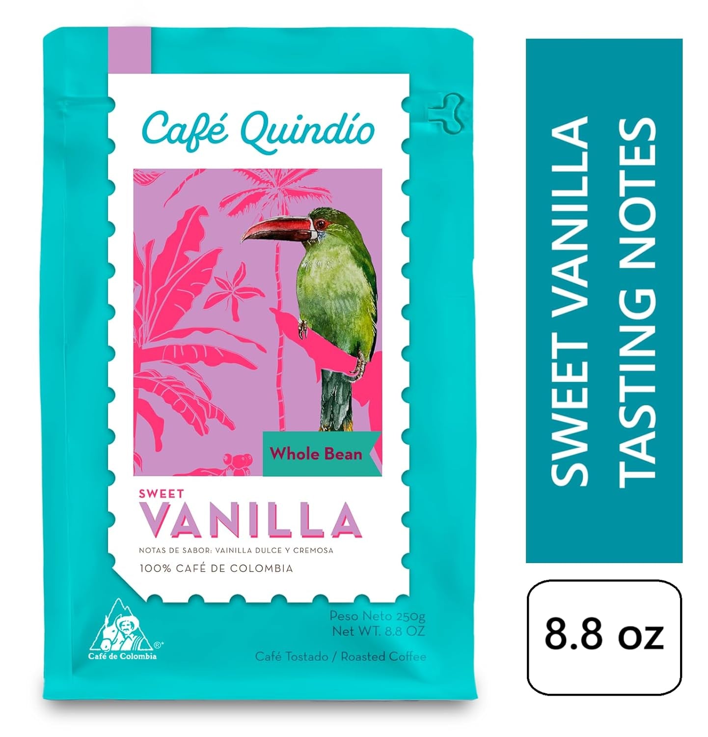 Cafe Quindio Specialty Coffee - 100% kávová zrna Arabica, Kolumbie - s přírodními tóny sladké vanilky (250 g) - ideální pro filtrovanou kávu, portafiltrační stroje nebo French press