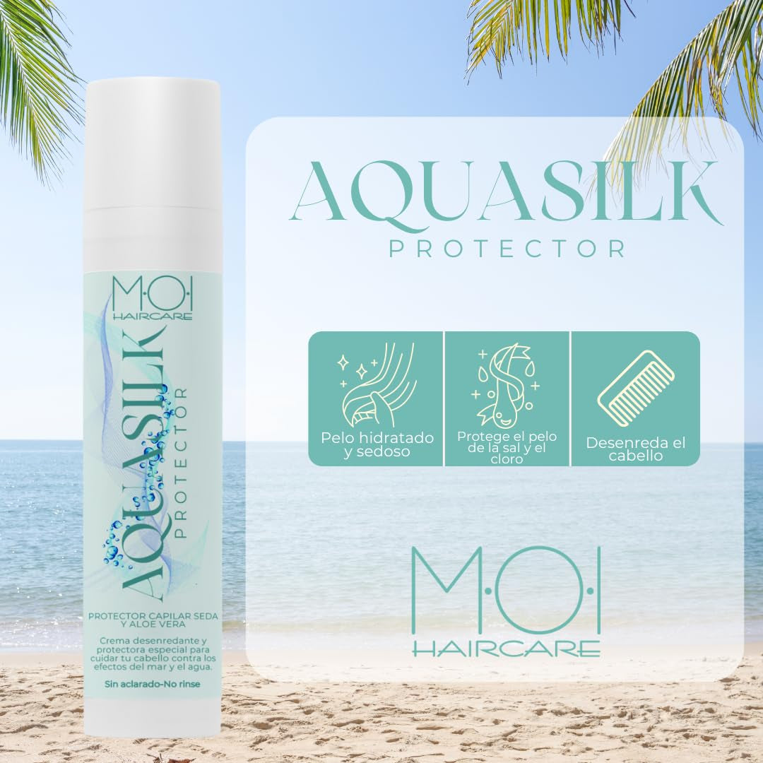 AQUA SILK vlasový krém na léto, chrání vlasy před mořem a chlórem, hedvábí a aloe vera, vlasová péče M-O-I | Maska na vlasy Naty Shop 100 ml