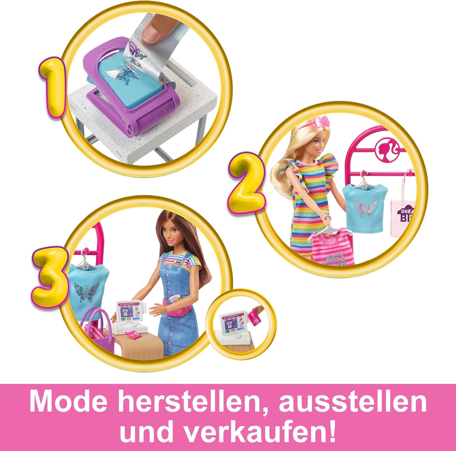 Barbie Fashion Boutique Playset – panenka s fóliovým vzorem, více než 150 originálních vzhledů, obsahuje 2 halenky a 5 fóliových listů, stojan na oblečení a čtečku kreditních karet, věk 3+, HKT78