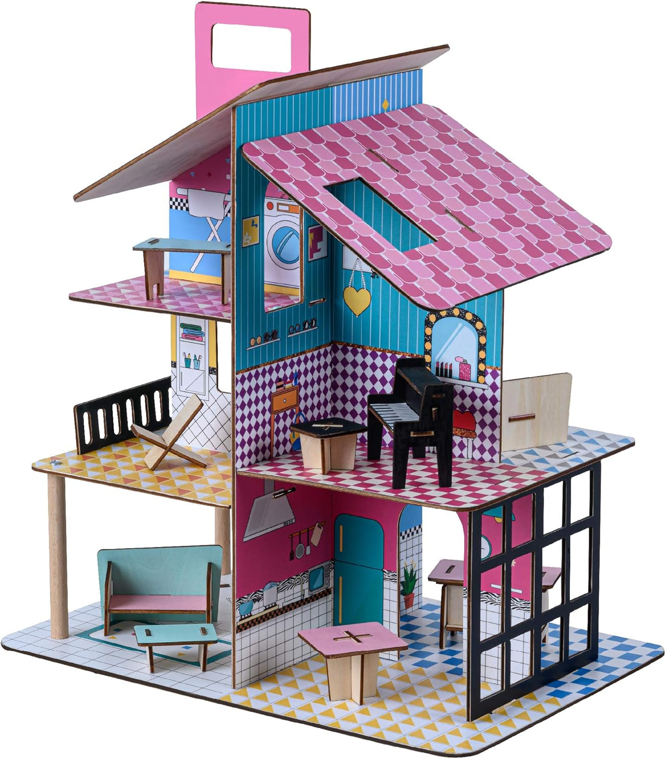 Dřevěný domeček pro panenky Olivia's Little World 360 pro děti, 3,5" panenky a 12 doplňků, vícebarevný TD-13260C