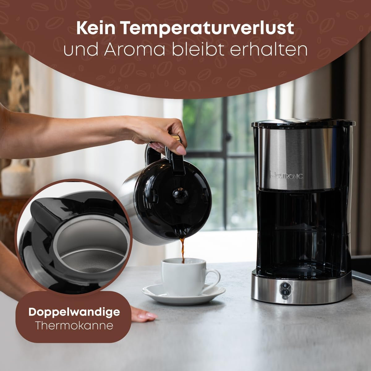 Kávovar Clatronic® s termoskou karafou na 8–10 šálků kávy (cca 1,2 l) | Nerezový kávovar s filtrem | Termoska s dvojitou stěnou | Bez teplotních ztrát | Kávovar 800 W | KA 3805