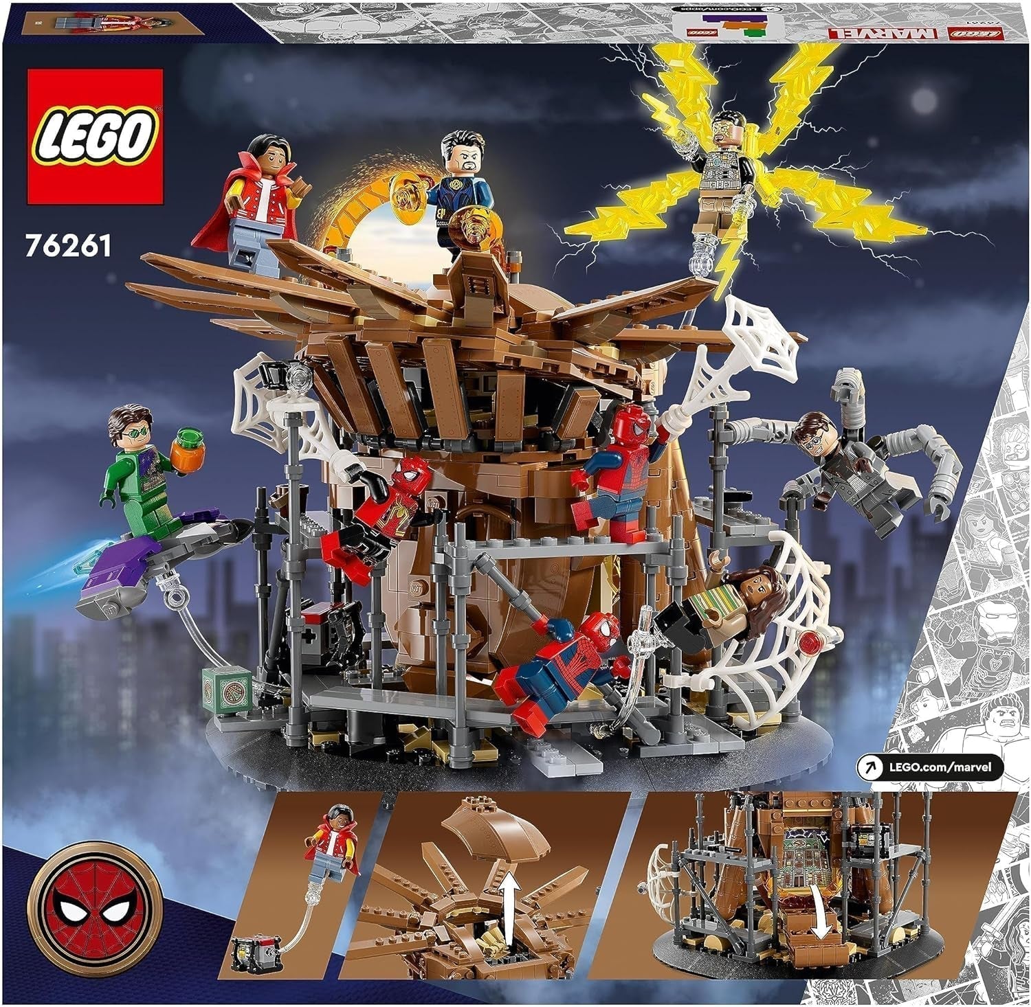 Sada LEGO 76261 Marvel Spider-Man's Big Showdown, Spider-Man: No Way Home se 3 minifigurkami Peterem Parkerem a zeleným skřítkem, Electro, Sandman, Ned, Doctor Strange a MJ, sběratelský model Stavebnice Besuche den LEGO-Store