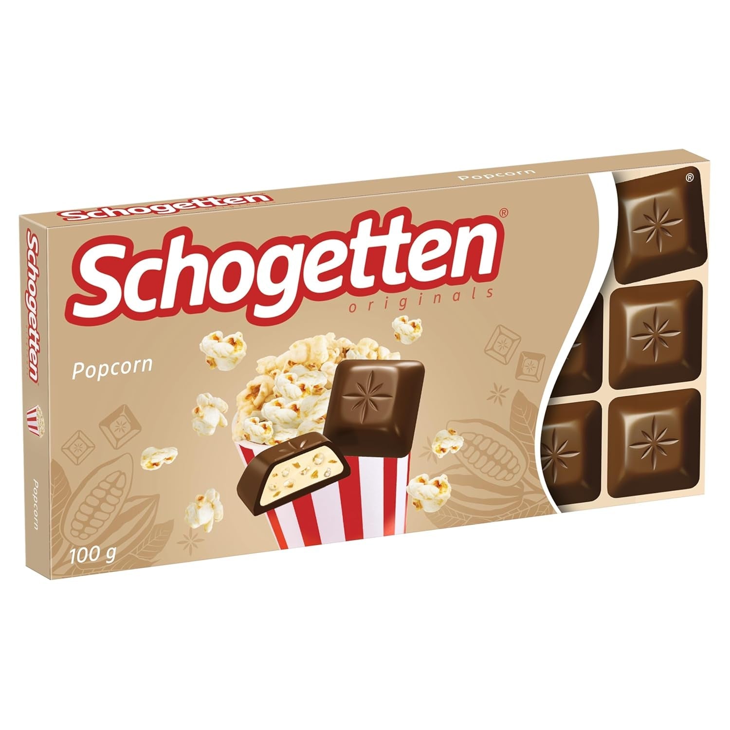 Schogetten popcorn 1 čokoláda x 100g, mléčná čokoláda s popcornem a kousky kukuřice, praktické jednotlivé kousky. Delikatesa. Kousek po kousku.