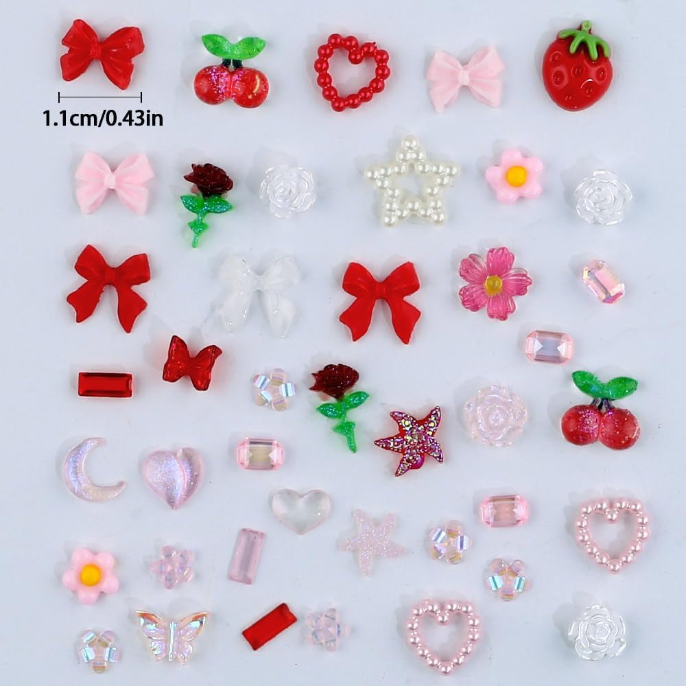 100ks 3D kouzla na nehty Rosa Rot Kirsche Erdbeere Blume Přívěsky na nehty Kamelie Rose Schmetterling Přívěsky na nehty Flatback Herz Schleife Charms Nägel Zubehör Mond Stern Nagelschmuck Nageldesign Anhänger