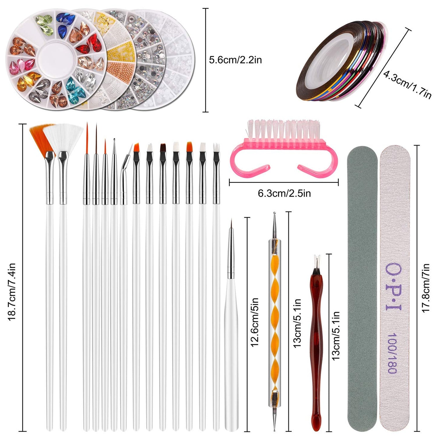 Nail Art Dekorationen & Nagelpinsel Set, Nageldesign Zubehör, Nagelset 5 Stk 2 Wege Punktierung Stift, 15 Malerei Polnisch Pinsel Set, 10 Streifenband, 4 Boxen Bunte Nagel zdobení kamínky