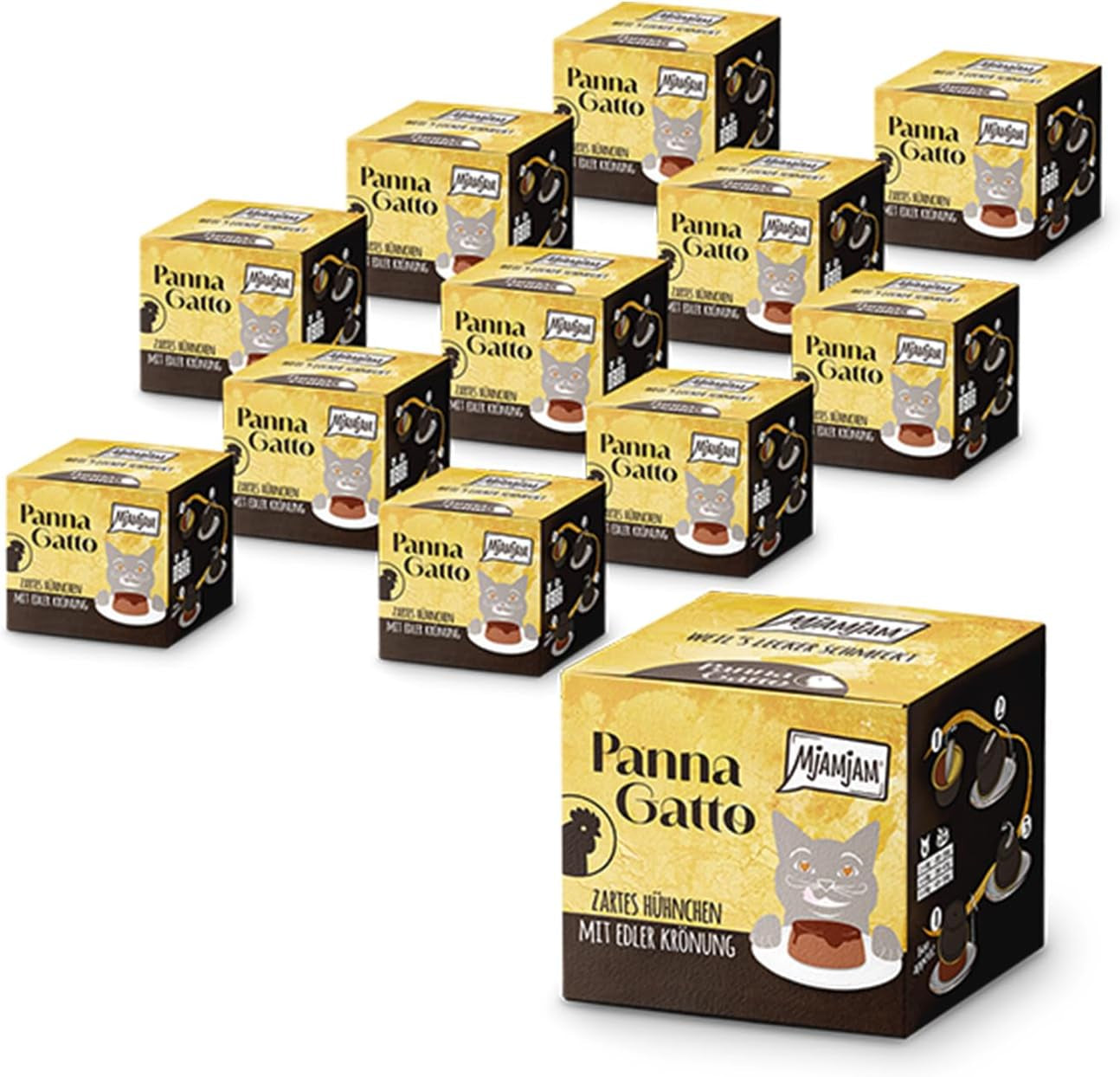 MjAMjAM - Prémiové mokré krmivo pro kočky - Panna Gatto - jemné kuře s ušlechtilou polevou, balení 12 ks (2x80g), bez obilovin