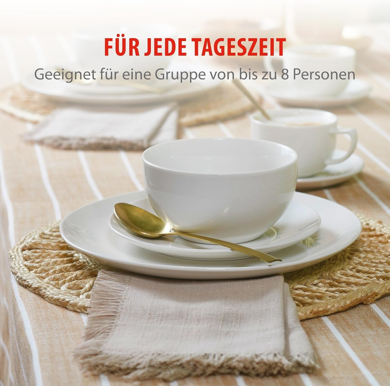 alpina Geschirrset 8 osob - 40 řad Steingut Geschirr - Teller Set mit Speiseteller, Schalen und Kaffeebecher - Camping Geschirr - Mikrowelle- und Spülmaschinengeeignet - Weiß