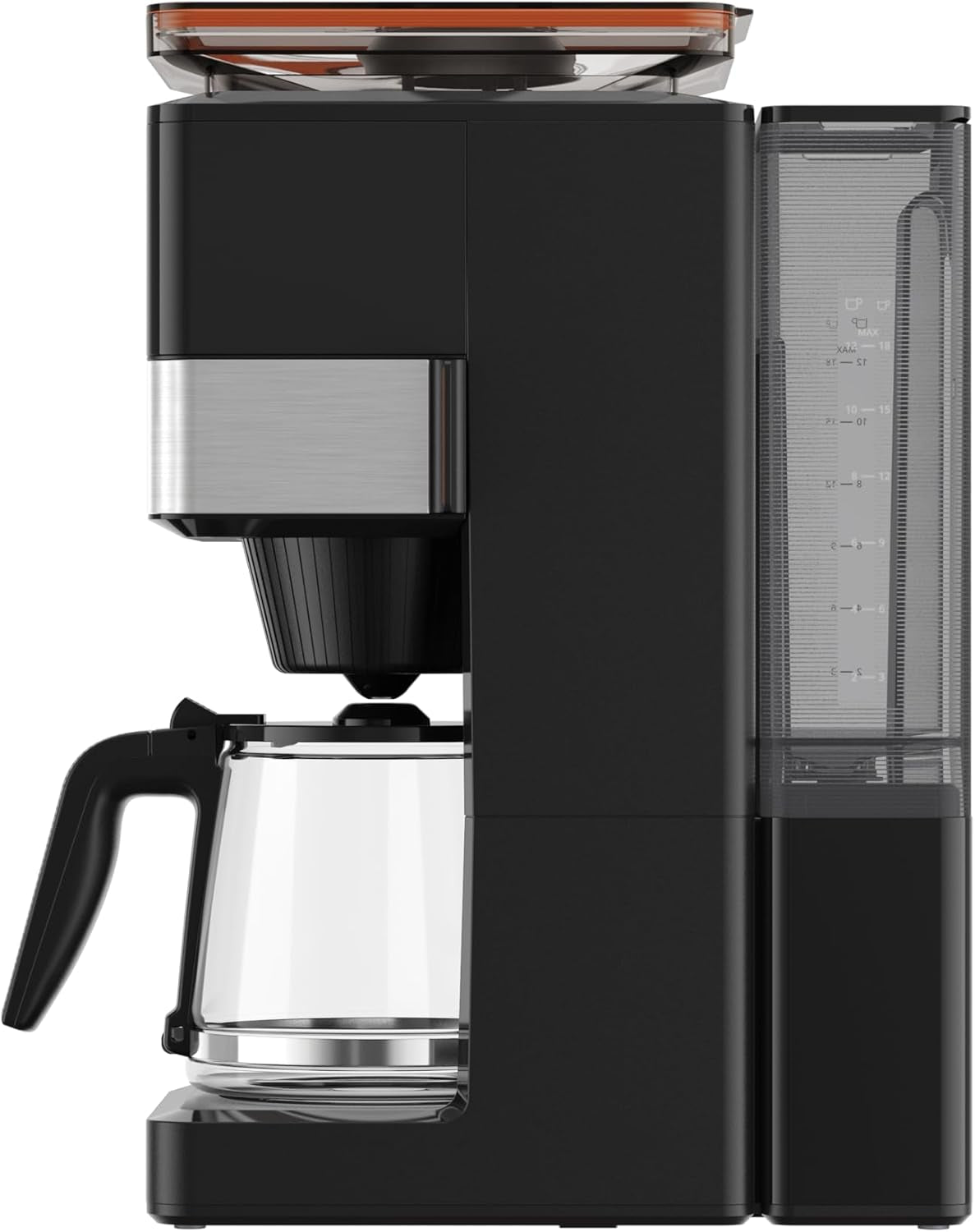 Espresso kávovar KRUPS Grind Aroma XL, odnímatelný kónický mlýnek, digitální ovládací panel, kapacita XL (1,5 l), funkce udržování teploty, skleněná karafa, černá/nerezová ocel, KM842810