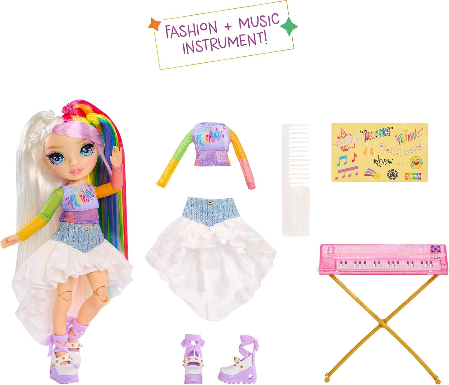 Rainbow High Junior High Rock Band - Amaya, Rainbow Colors - 23cm módní panenka s klávesnicí, přizpůsobitelné pomocí samolepek, kloubové, roztomilá hračka pro děti od 4 let