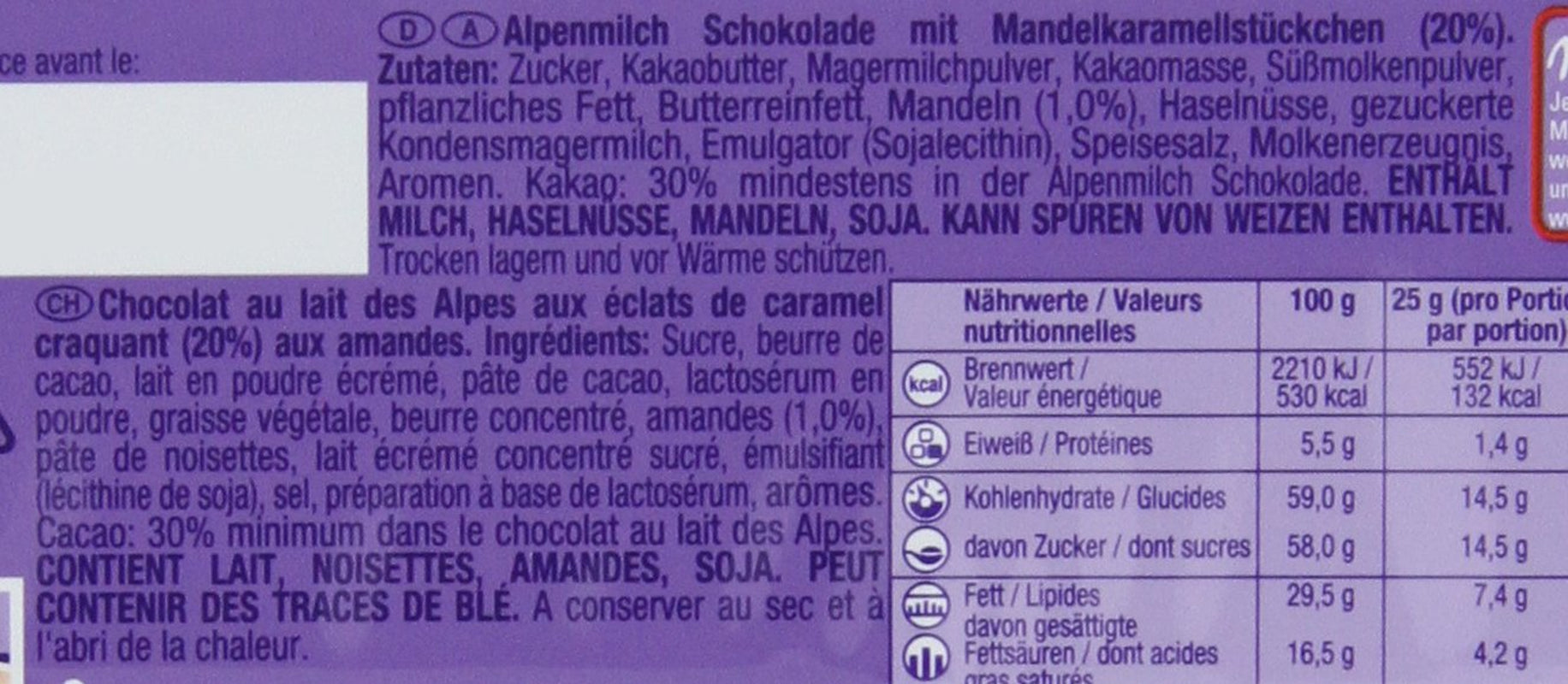& Daim 1 x 100g I Čokoláda z alpského mléka I s kousky karamelu a mandlí I Čokoláda z alpského mléka 100% I Čokoládová tyčinka s Daim (balení 4 ks)