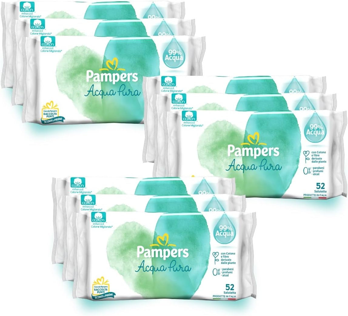 Pampers Acqua Pura Baby ubrousky 468 (3 balení) – 99 % voda, 100 % bavlna, 0 % plast, alkohol a parabeny – ideální čisticí ubrousky pro citlivou pokožku, vlhké, bez přidaných přísad