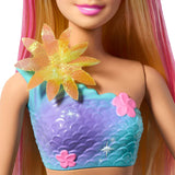 Barbie Meerjungfrauen-Spielzeug Puppe s magischer Überraschungs Blüte, Schwanzflosse mit Farbverlauf, perlenbesetzten Haarreif und langem blonden Haar mit rosa Strehchen, JDM72