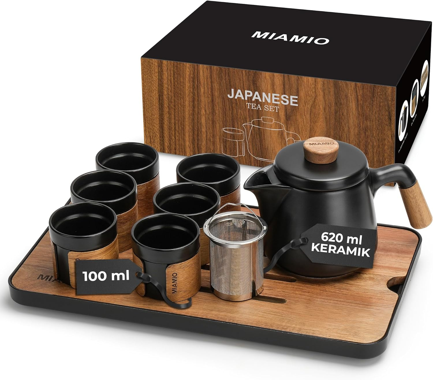 MIAMIO - Japonská/čínská čajová souprava 6 x 100ml / Asijská čajová konvice 620ml s čajovým louhovačem, tradiční japonská čajová souprava pro milovníky čaje/muže/ženy (černá)