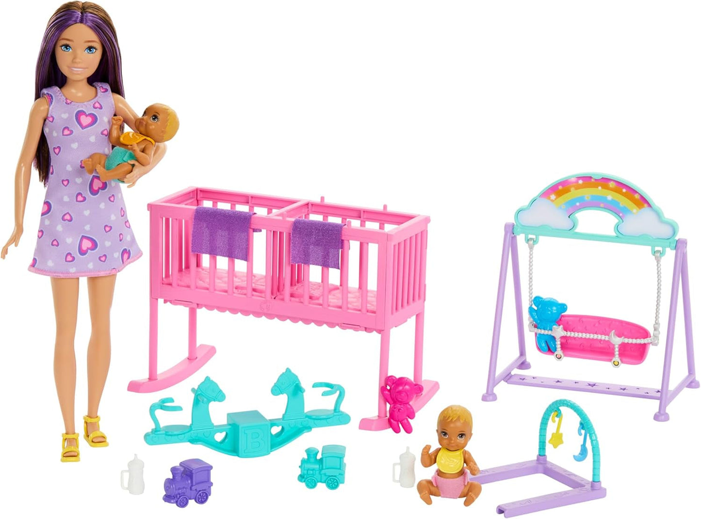 Panenka Barbie Skipper a domeček na hraní s doplňky, obsahuje dvojčata, 1 postýlku, 1 houpačku, 1 kolébku a další, HXM99