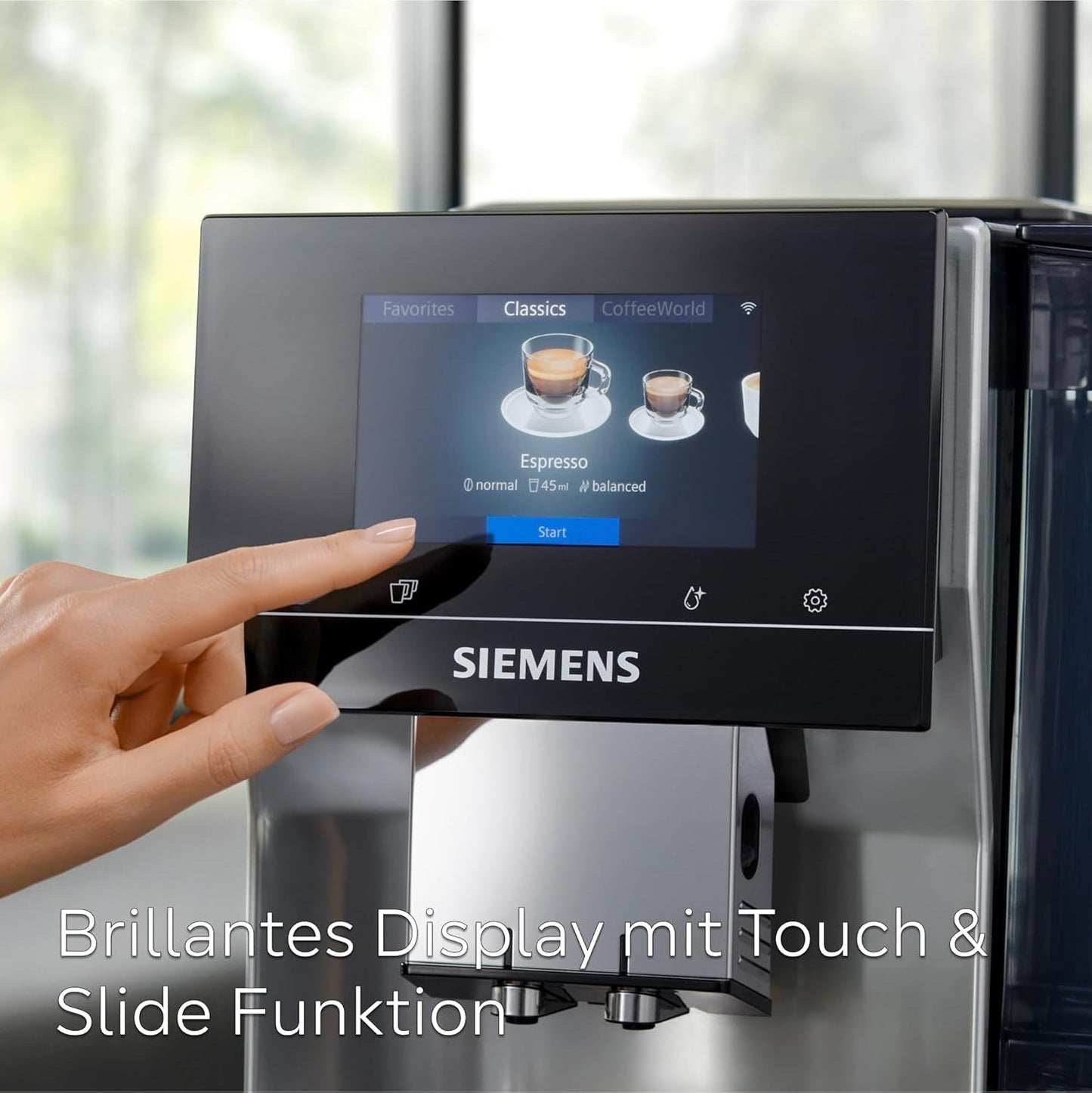 Automatický espresso kávovar Siemens EQ700 classic TP715D01, ovládání aplikací, cold brew, intuitivní dotykový displej, až 10 jednotlivých kreací kávy jako oblíbené, automatické čištění párou, 1500 W, stříbrná šedá