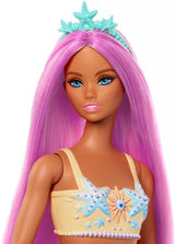 Panenka Barbie Mořská panna s efektními růžovými vlasy a čelenkou, panenka s hlavou hvězdice a měkkou oranžovou ocasní ploutví, HRR05