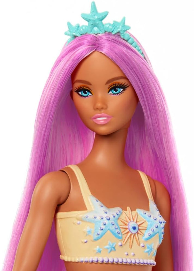 Panenka Barbie Mořská panna s efektními růžovými vlasy a čelenkou, panenka s hlavou hvězdice a měkkou oranžovou ocasní ploutví, HRR05