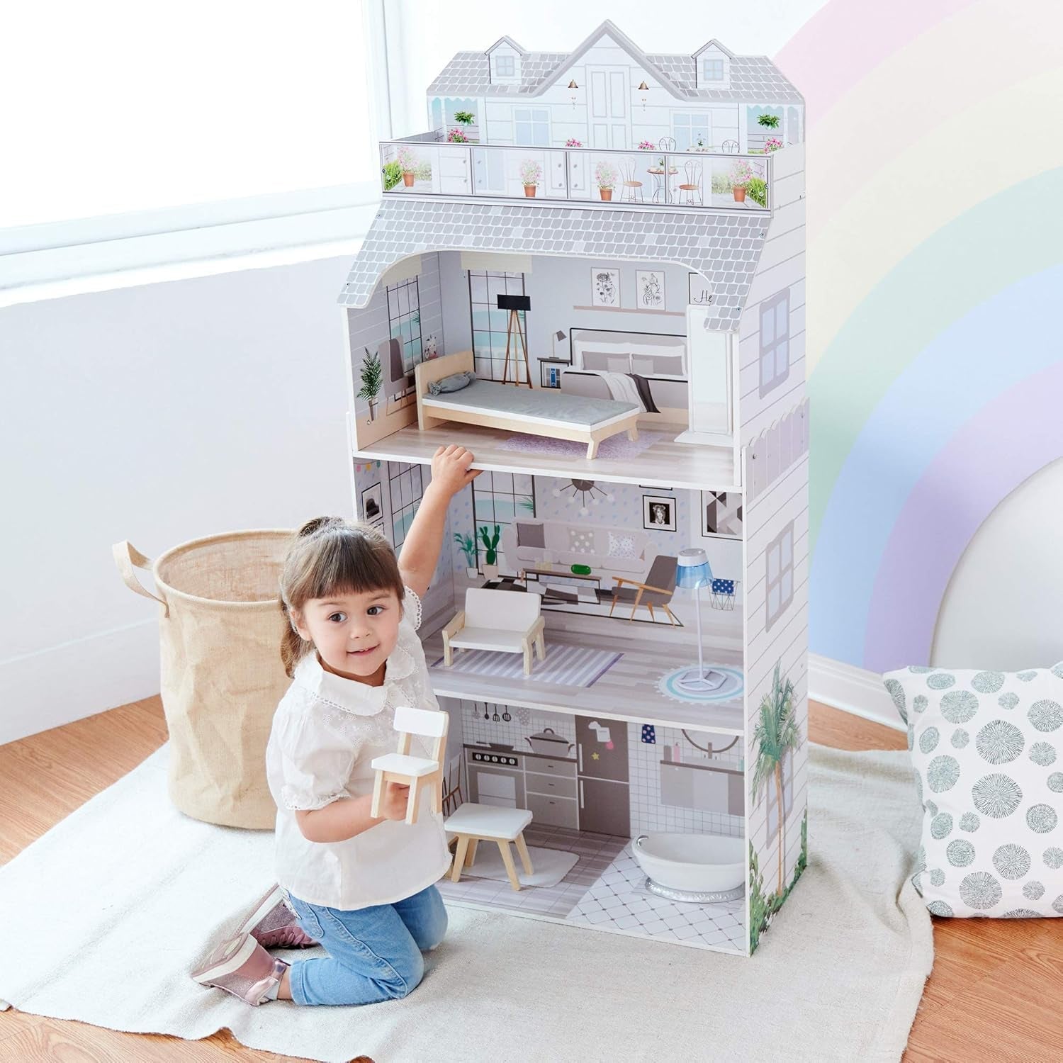 Obří domeček pro panenky Teamson Kids Olivia's Little World s nábytkem a doplňky, dřevěný domeček pro panenky, 3patrová herní sada pro panenky 30 cm, věk 3+