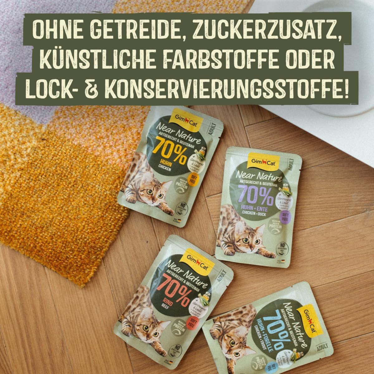 GimCat Near Nature Trial Mix 12 Pack - Bezobilné krmivo pro kočky od 7 měsíců s recepturou vhodnou pro daný druh a kořist - 12 sáčků (12 x 85 g)