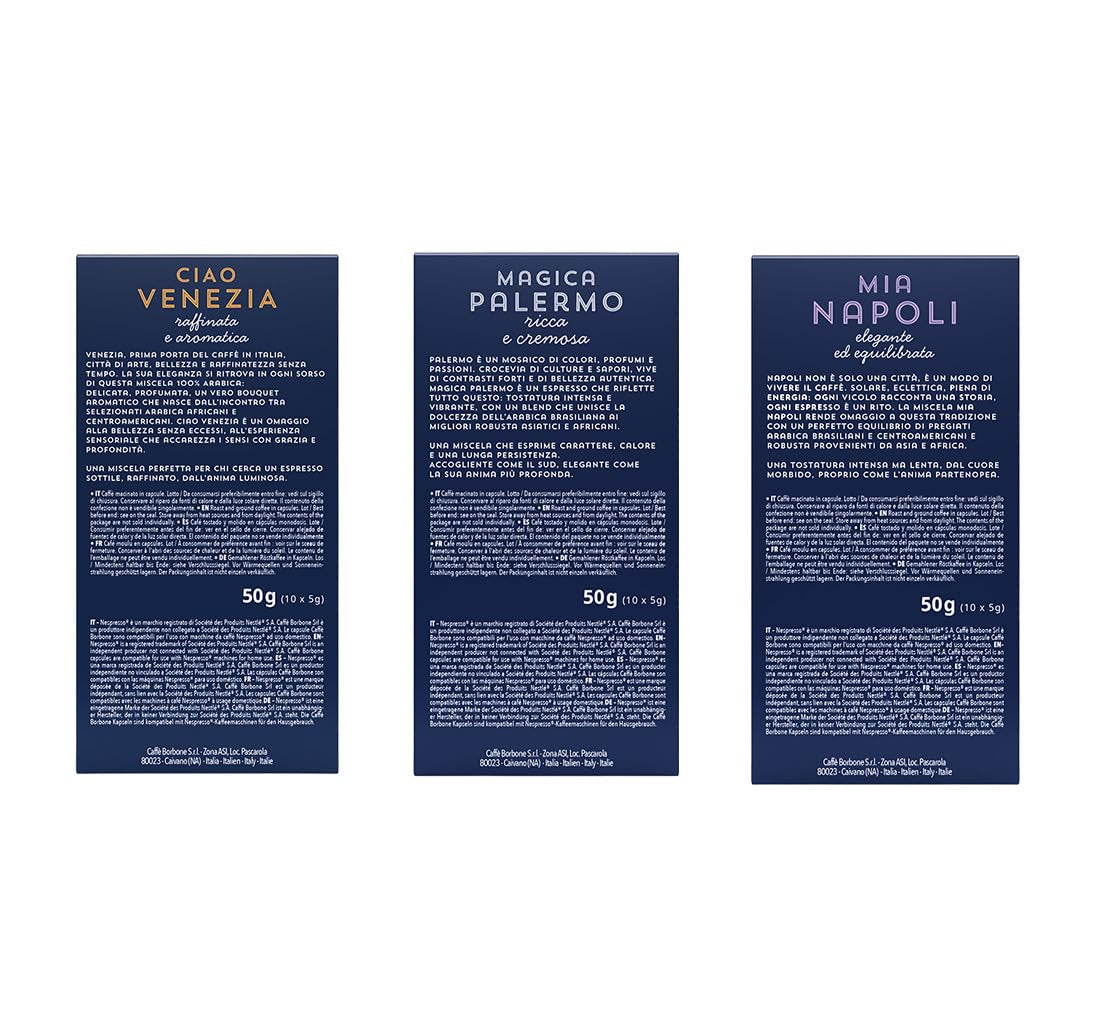 Caffè Borbone Verkostung Kit, 90 hliníkových kapslí: 30 Mia Napoli, 30 Ciao Venezia, 30 Magica Palermo, (3 x 30 Stück) – kompatibilní s Kaffeemaschinen für den Hausgebrauch značky Nespresso®*