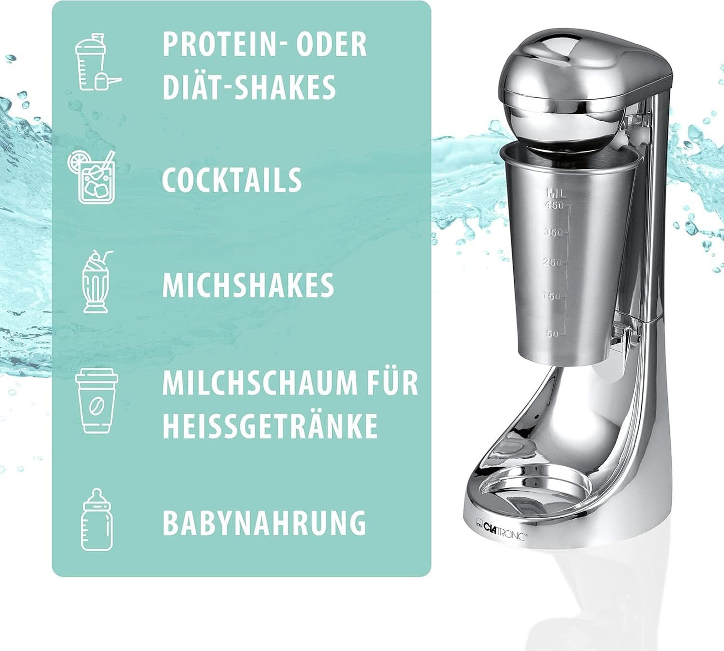 Clatronic® Barmixer U. Milchaufschäumer | Smoothie Maker | 650 ml Edelstahlbehälter | Praktischer Becherhalter | Mixér | 2 Geschwindigkeitsstufen | Motor Kraftvoller 65 W | Chromdesgin | BM 3472 Kitchen Naty Shop