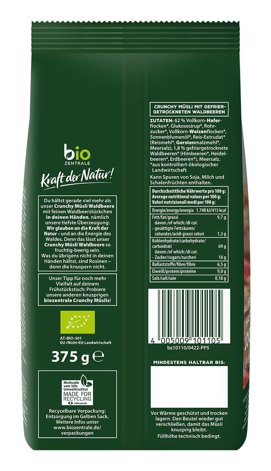 Křupavé müsli s lesním ovocem Biozentrale | 375 g bio müsli | Ideální na snídani a šálek müsli s sebou | Alternativa k müsli tyčinkám