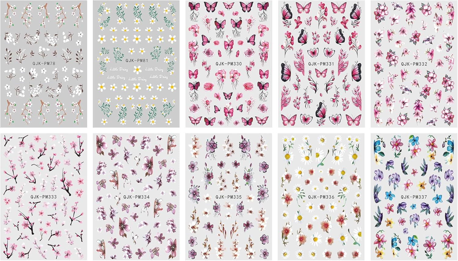 JMEOWIO Nálepka na nehty Blume 10 Blatt Nálepka na nehty Selbtklebend Nagelaufkleber Frühling Letní květinová dekorace Nageldesign Zubehör