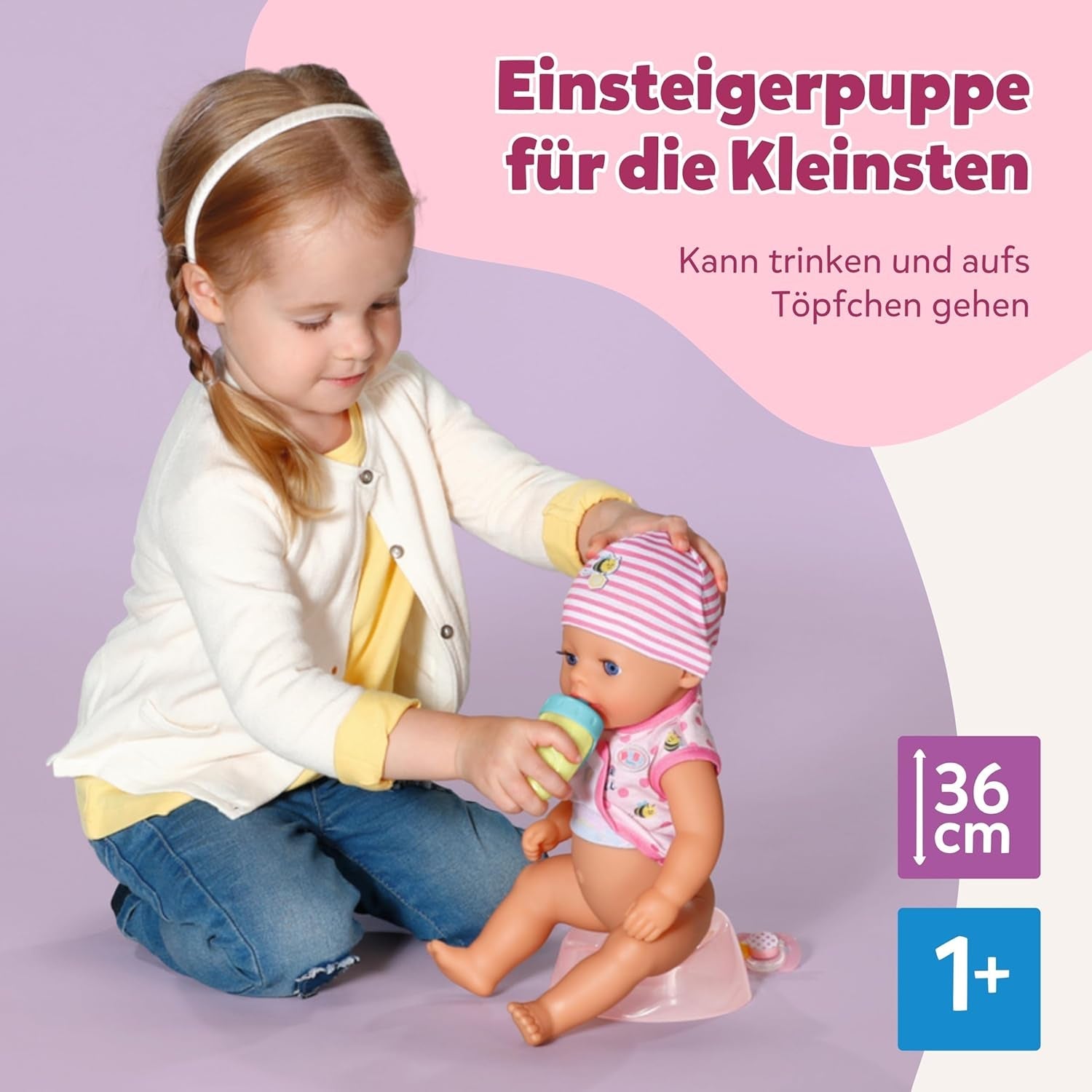 BABY Born Lena (Girl) - panenka 36 cm - 7 funkcí, včetně příslušenství a matrace - Funguje zcela bez baterií - Vhodné pro malé děti od 1 roku