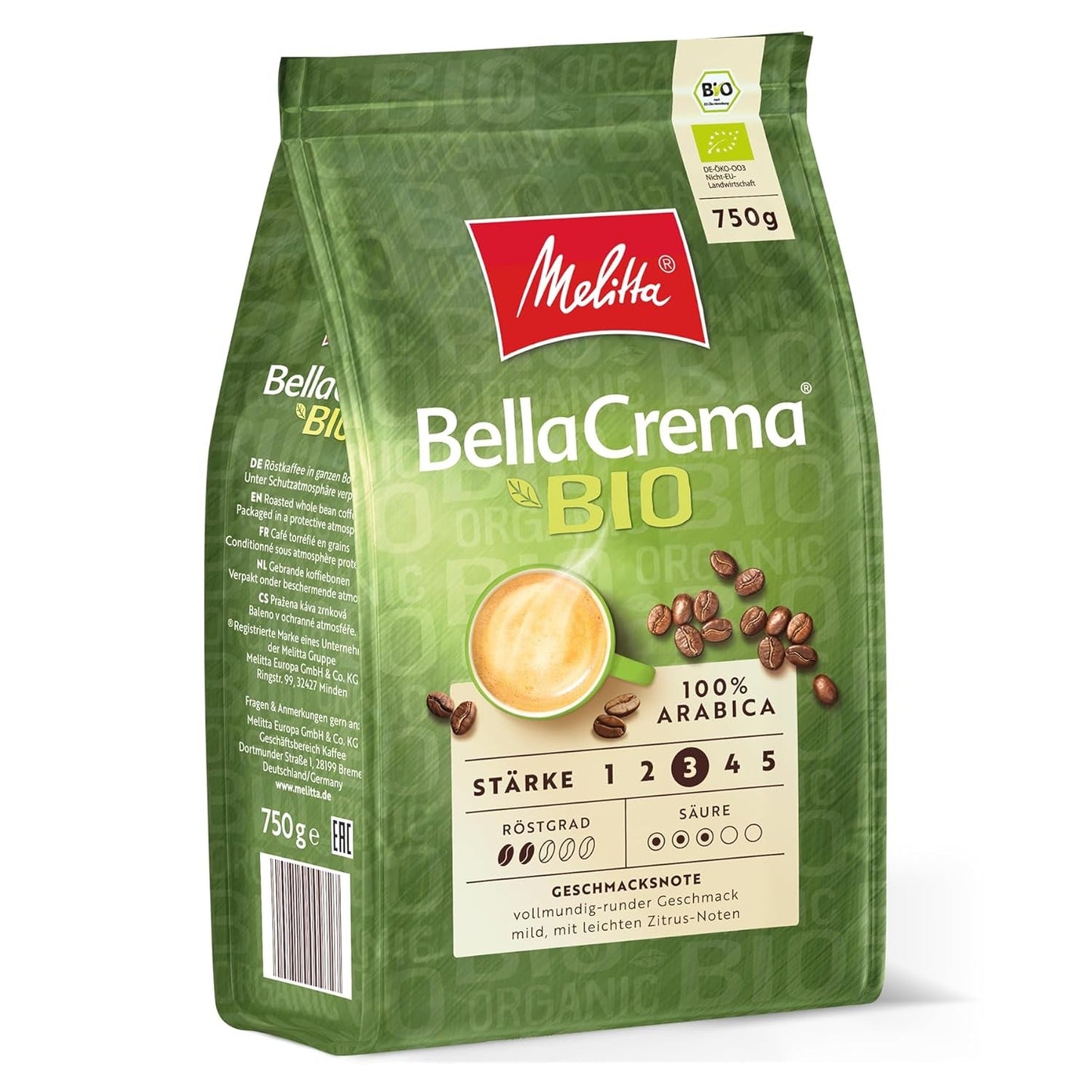 Melitta BellaCrema BIO celá kávová zrna, nemletá, kávová zrna pro automatické kávovary, lehce pražená, pražená v Německu, síla 3, 750 g