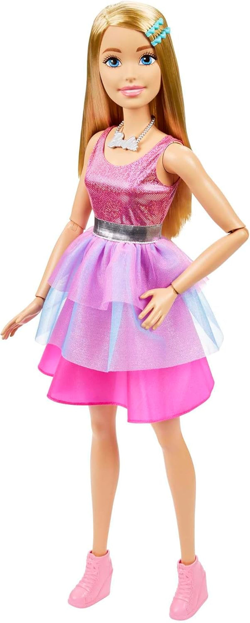 Panenka Barbie Extra velká (71 cm) – růžové šaty, blond vlasy se sponou a náhrdelníkem, dárek pro 3 roky a více, HJY02