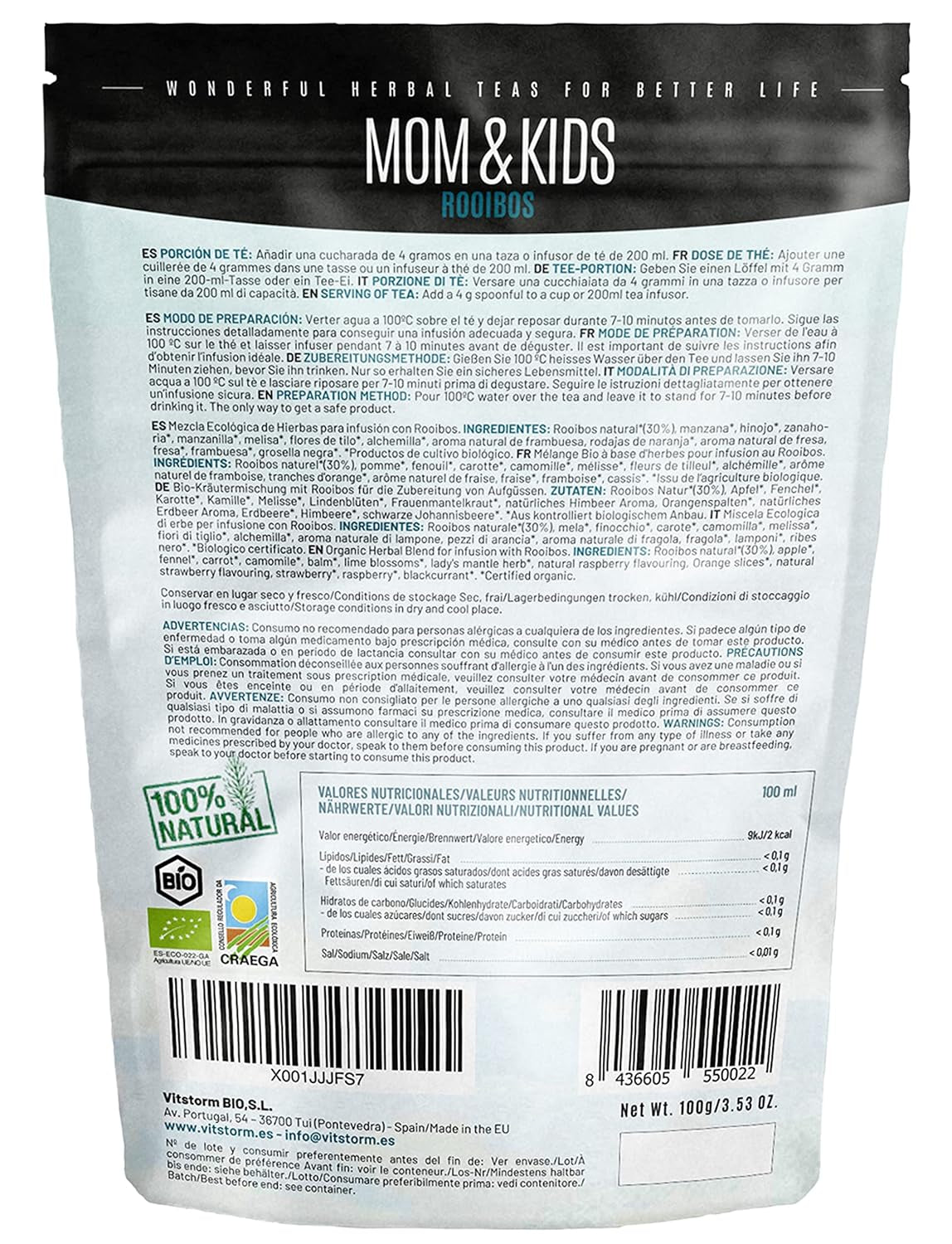 VITSTORM® BIO TEE Mom & Kids - Čaj pro ženy a kojící ženy - Rooibos, jablko, fenykl, meduňka, alchemilka, jahoda - Relaxační čaj - Ovocný a lahodný - Bez kofeinu - Bylinný čaj 100 g