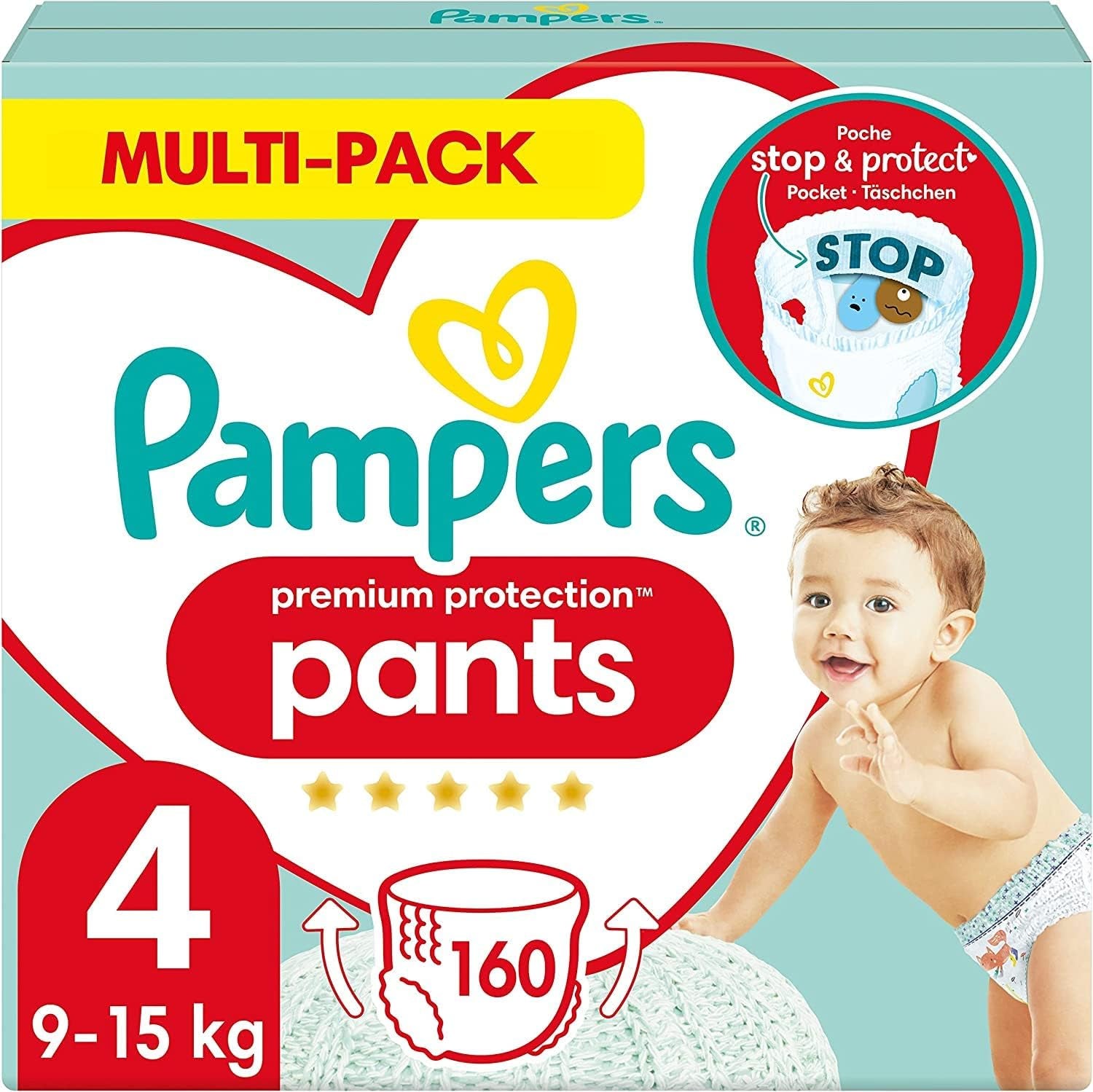 Pampers Premium Protection Pants Velikost 7, 123 Plenky, 15 kg+, s 360° nastavením a měkkými manžetami proti protečení pro optimální pohodlí a ochranu
