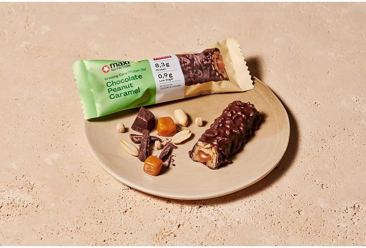 MaxiNutrition Krémová veganská proteinová tyčinka s čokoládou, arašídy a karamelem 12x45g - veganská proteinová tyčinka, 18% protein, 8,3g na tyčinku, nízký obsah cukru (0,9g), bez přidaného cukru, bez umělých aromat