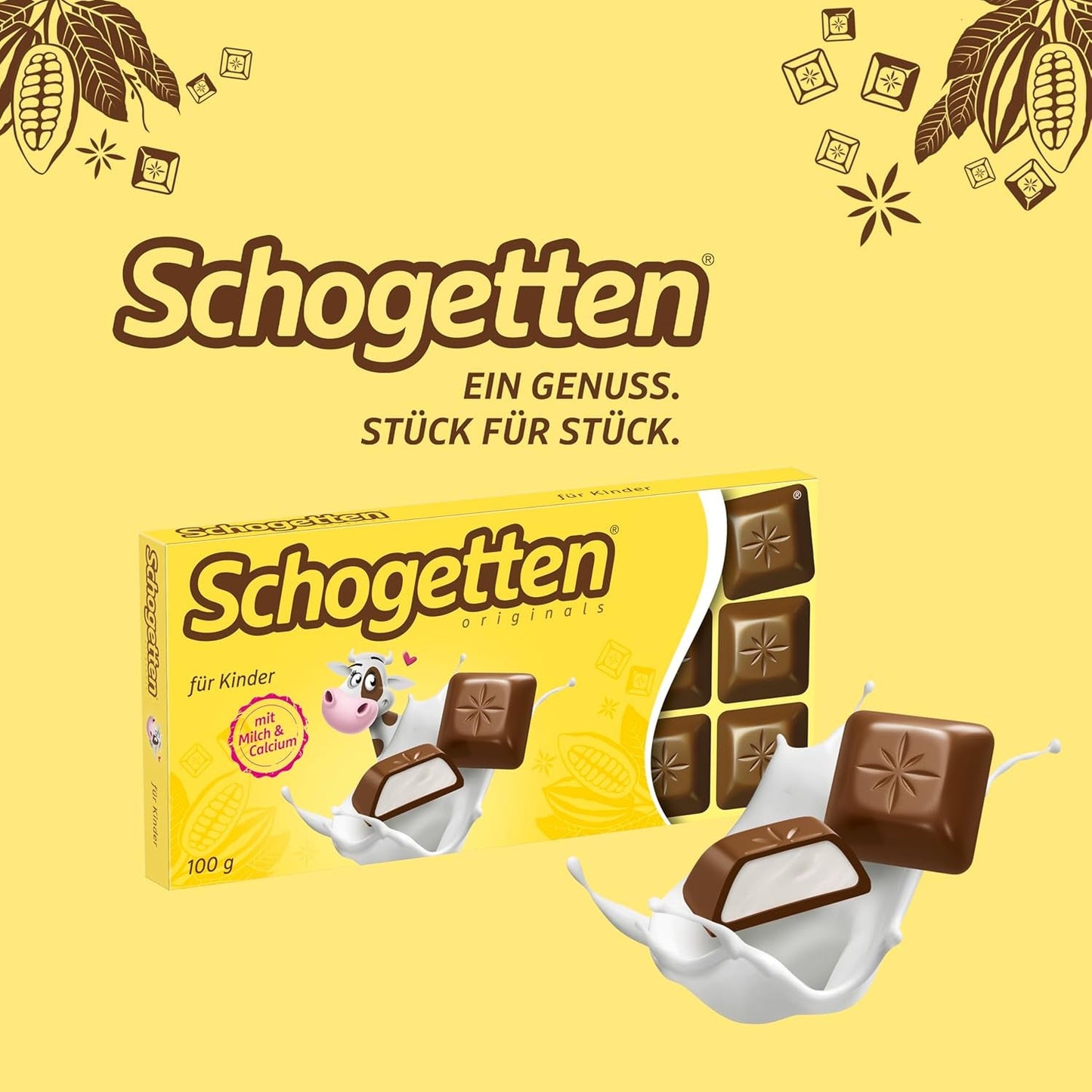 Schogetten pro děti, čokoládová tyčinka 100g, mléčná čokoláda s krémovou mléčnou náplní, vhodně porcovaná. Delikatesa. Kousek po kousku.