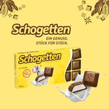 Schogetten pro děti, čokoládová tyčinka 100g, mléčná čokoláda s krémovou mléčnou náplní, vhodně porcovaná. Delikatesa. Kousek po kousku.