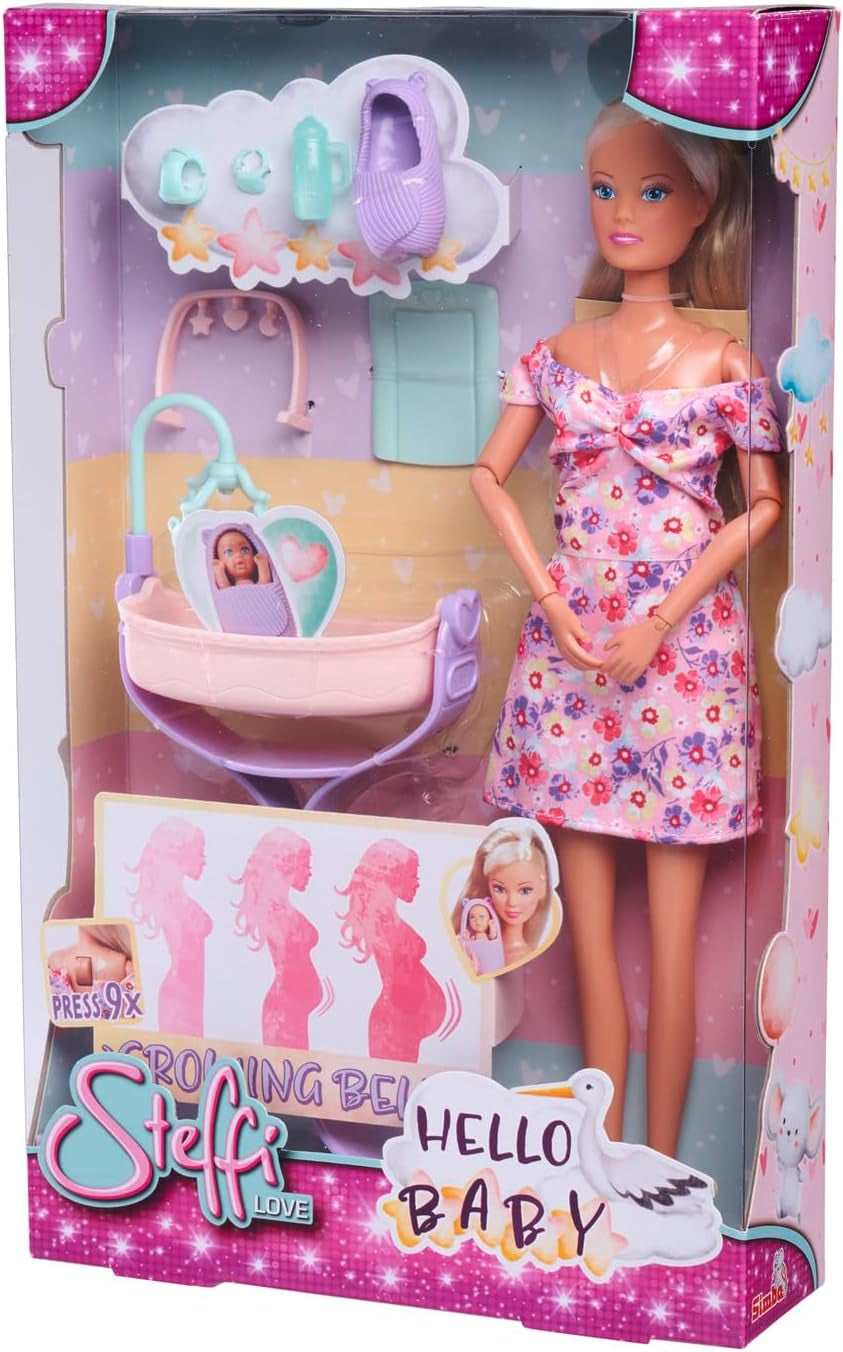 Simba 105733680 Steffi Love Doll Hello Baby (29 cm) - Těhotná panenka s rostoucím bříškem, panenka a doplňky - Hračka pro děti, dívky a kluky od 3 let