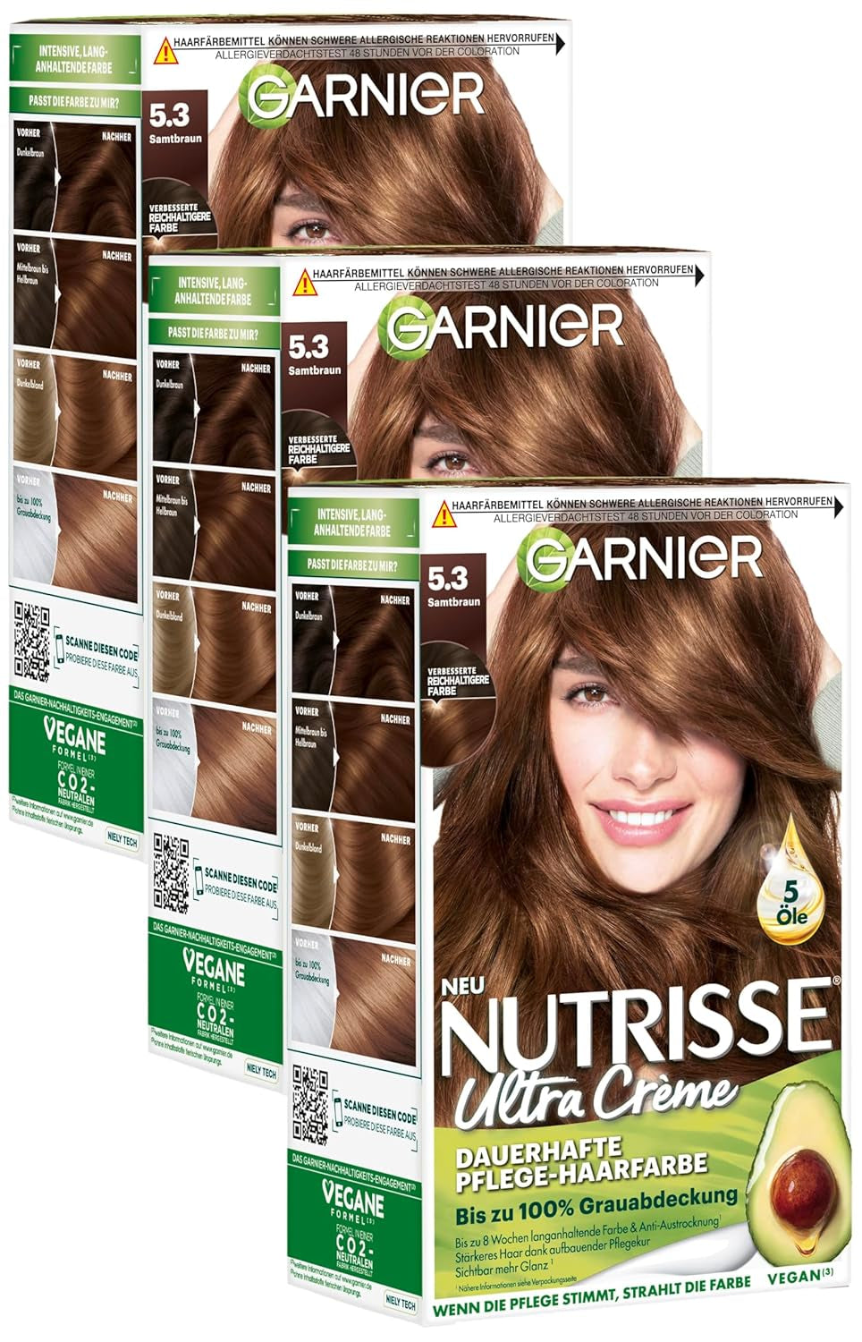 Permanentní péče Garnier Nutrisse barva na vlasy s výživnými ovocnými oleji 8týdenní výdrž barvy Ultra Crème Tint 053 Velvet Brown (balení 3 ks) Naty Shop Barva na vlasy Výchozí název