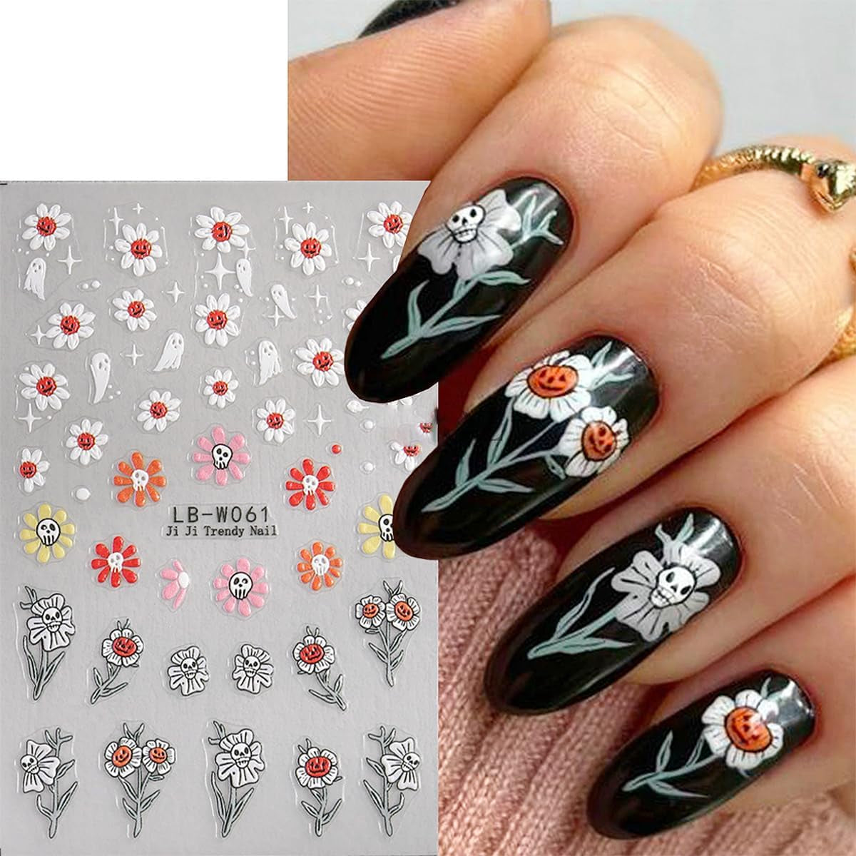 JMEOWIO Nálepka na nehty Halloween 9 Blatt Nálepka na nehty Selbtklebend Nagelaufkleber Süße Geisterblume Dekoration Nageldesign Zubehör