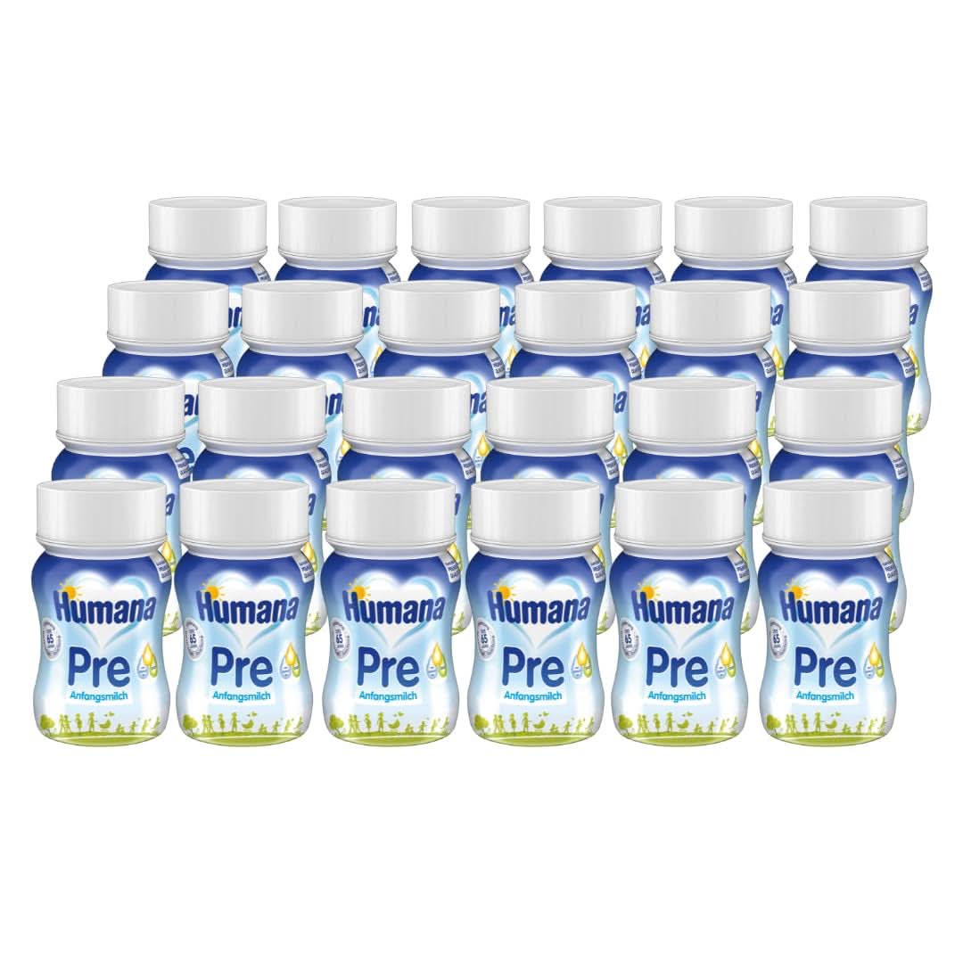 Humana Initial Milk Připravené k pití, od narození, Připravené k pití mléka pro kojence, Kromě mateřského mléka nebo jako samostatné předkrmy, Dětská výživa pouze s DHA a laktózou, 24 x 90 ml Naty Shop