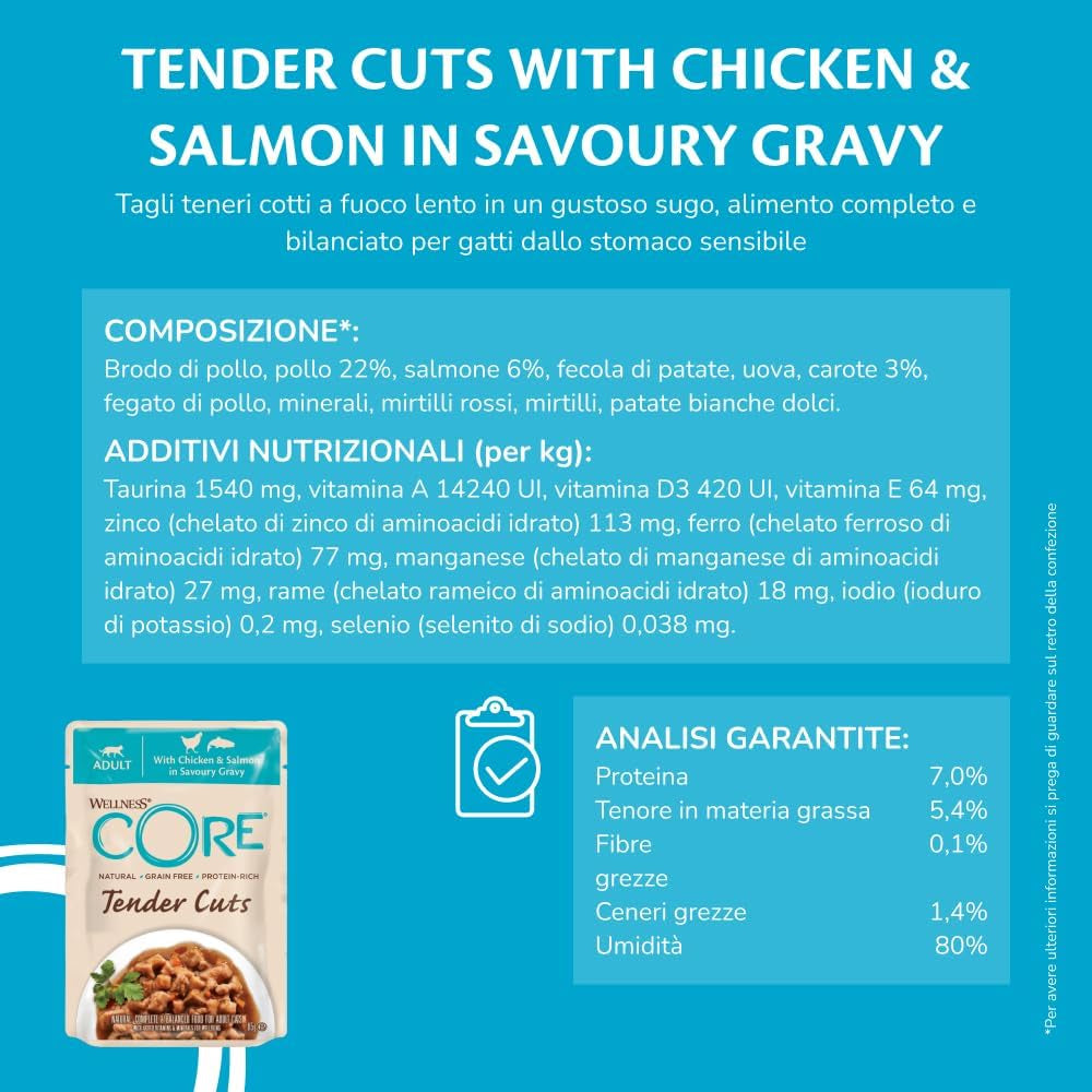 Wellness CORE Tender Cuts 6 x 85g, Chicken Selection Mix - Mokré krmivo pro kočky, jemné kousky v omáčce, bez obilovin, přírodní, hypoalergenní, bohaté na bílkoviny, vysoký obsah masa