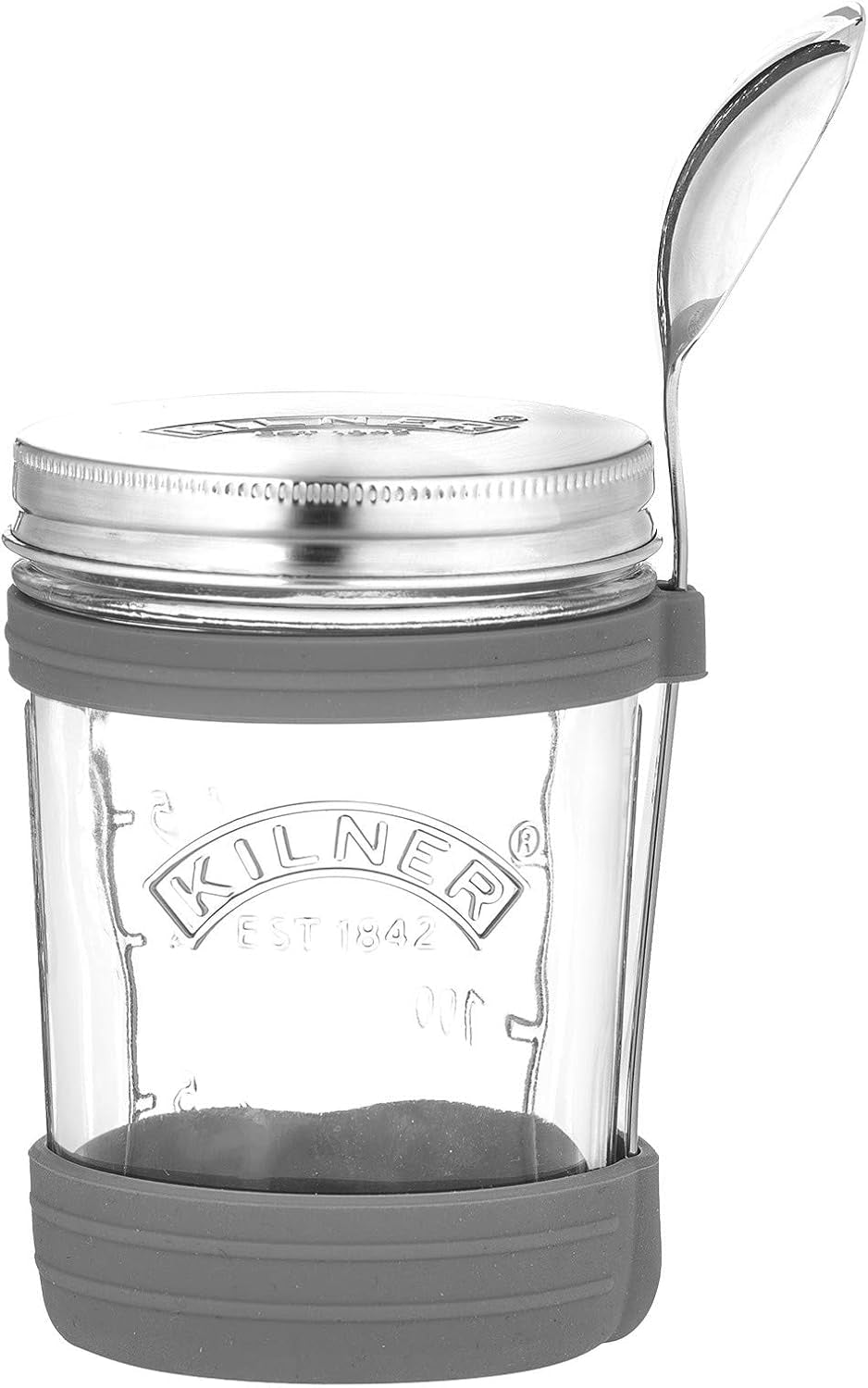 Snídaňová dóza Kilner se lžičkou / 350 ml, Ø 9,5 cm / 5 kusů | kelímek na müsli s sebou / netoxický / skleněná nádoba s víčkem na müsli, kaši a jogurt / nádoba na oves přes noc Boxy na skladování potravin Naty Shop Soup Cup