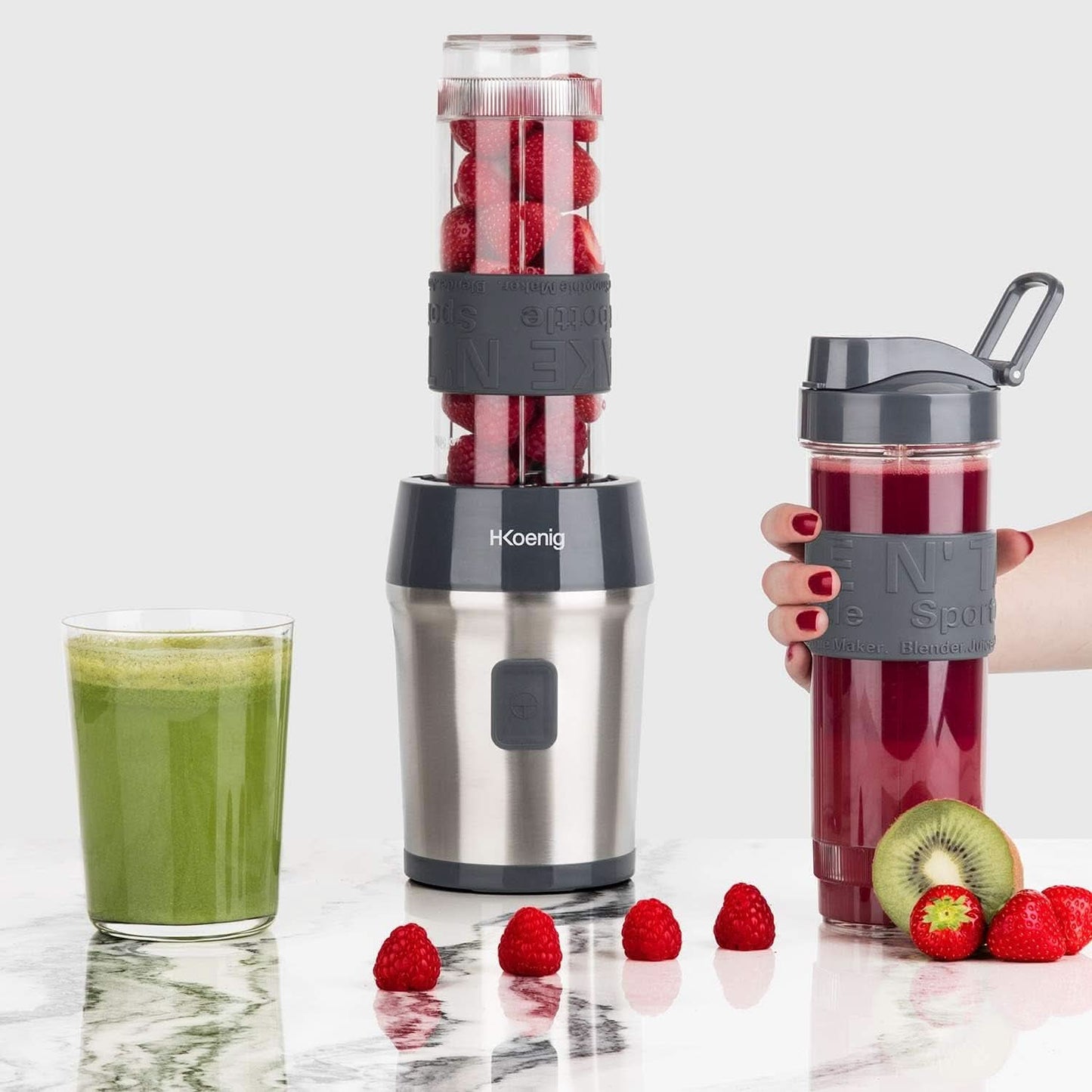 H.Koenig Smoothie Maker SMOO9 - Mini stojanový mixér - Mini mixér - 300 Watt - 570 ml - Edelstahl - 2 Kunststoffflaschen - Bpa-Frei, Grau Kitchen Naty Shop