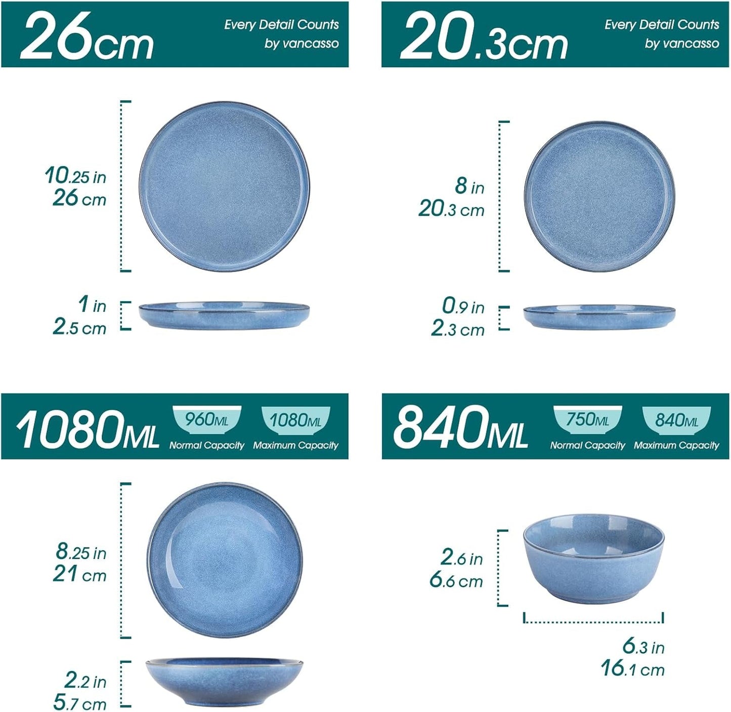 Steingut Geschirrset 6 Personen, vancasso ANYA Blau Teller Set Moderní 24 teilig, Tafelservice mit Speiseteller, Suppenteller, Desserttellern, Schüsseln, Geschirr Set Spülmaschinen und Mikrowellenfest
