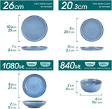 Steingut Geschirrset 6 Personen, vancasso ANYA Blau Teller Set Moderní 24 teilig, Tafelservice mit Speiseteller, Suppenteller, Desserttellern, Schüsseln, Geschirr Set Spülmaschinen und Mikrowellenfest