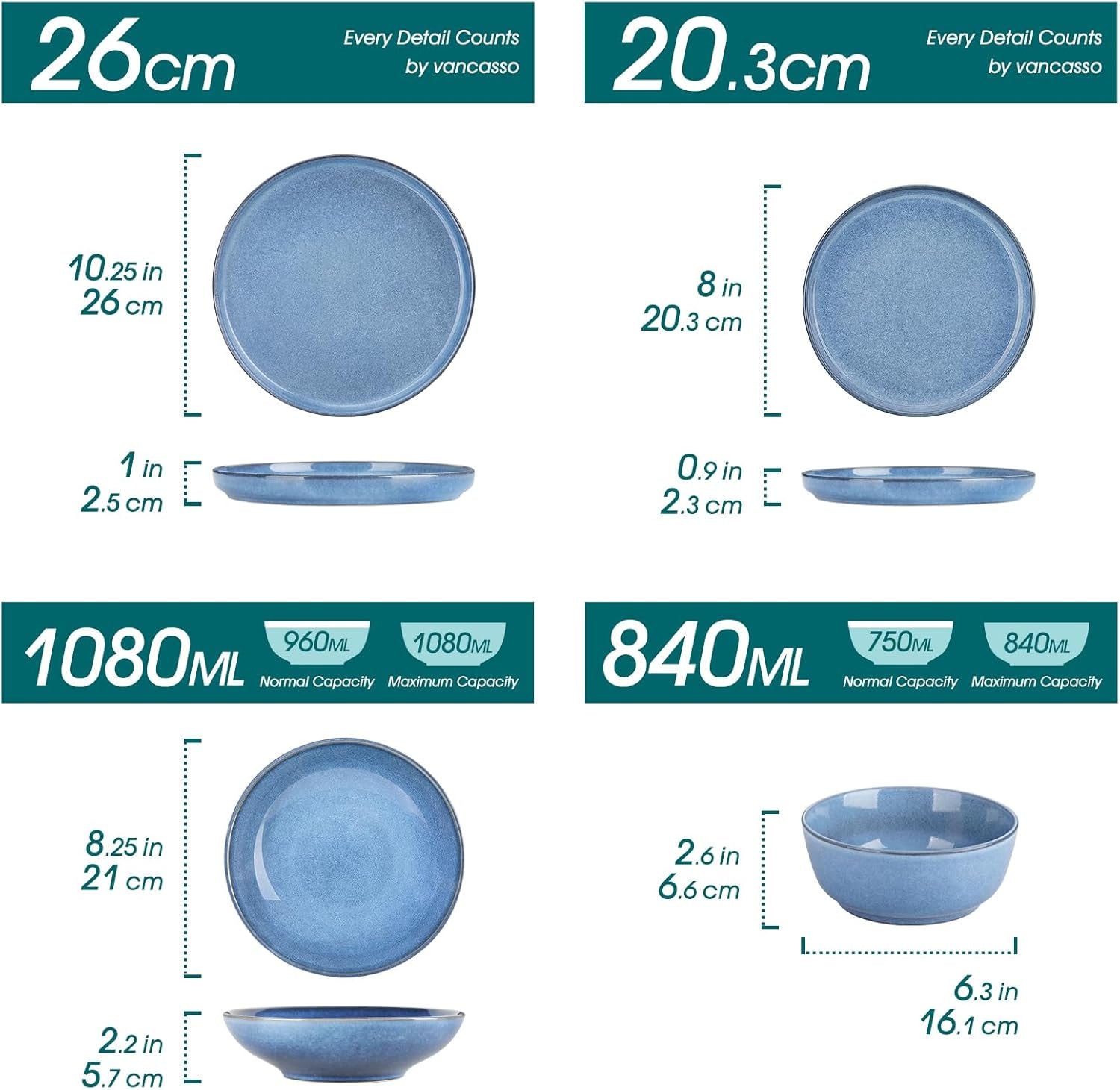 Steingut Geschirrset 6 Personen, vancasso ANYA Blau Teller Set Moderní 24 teilig, Tafelservice mit Speiseteller, Suppenteller, Desserttellern, Schüsseln, Geschirr Set Spülmaschinen und Mikrowellenfest