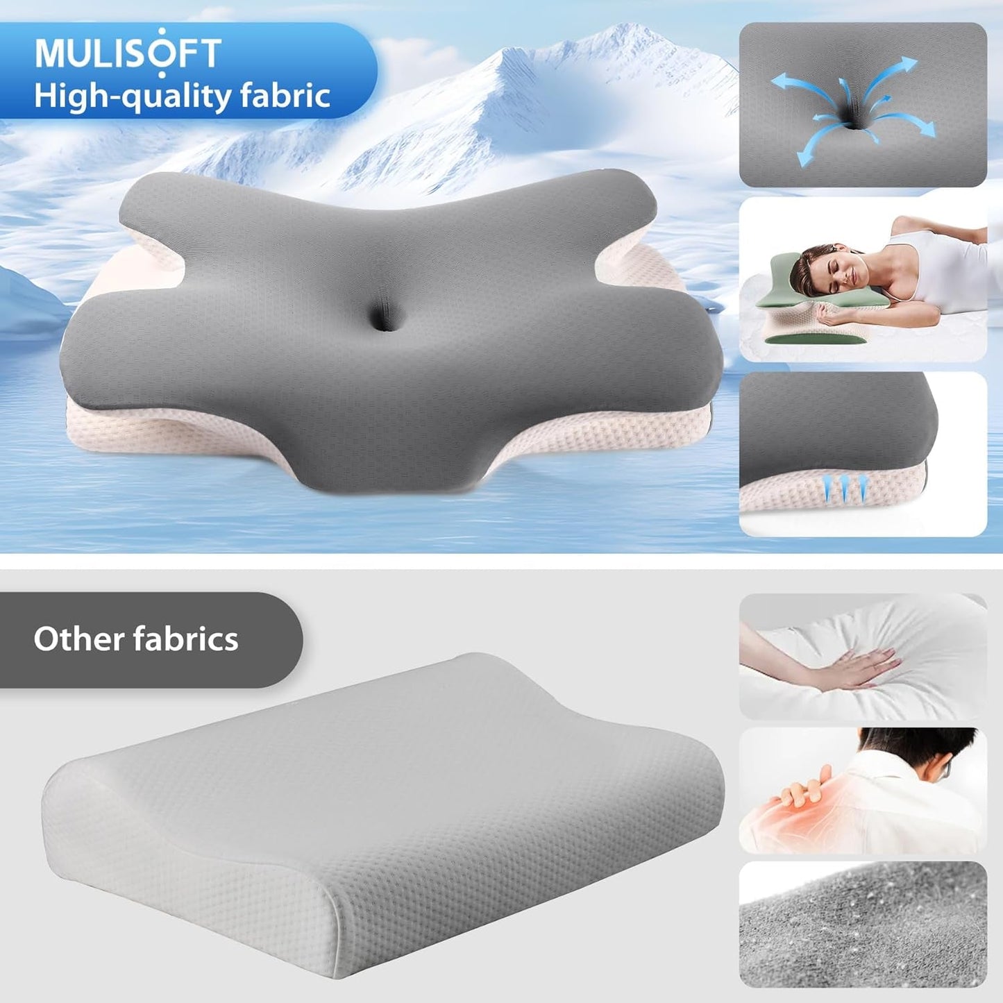 MULISOFT polštář z paměťové pěny, pohodlný polštář na hlavu, polštář na podporu krku, ergonomický boční polštář na spaní (šedý) krční ortopedické polštáře Naty Shop