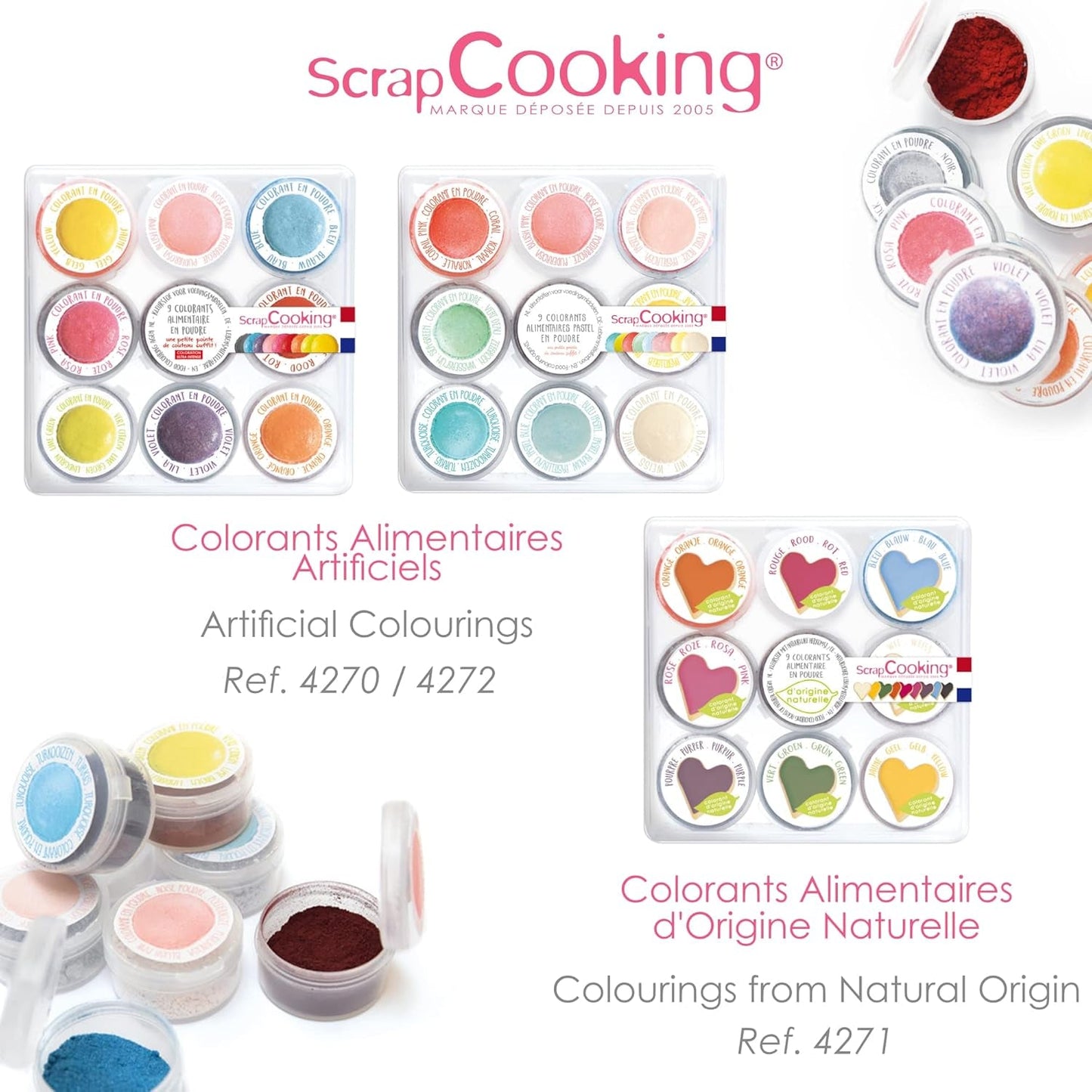 Scrapcooking - Sada 9 pastelových potravinářských barviv - Modrá, Žlutá, Korálová, Růžová, Tyrkysová, Limetkově zelená, Bílá, Aqua zelená, Powder Pink - Jedlé barvivo v prášku na dorty, muffiny, macarony - 4272