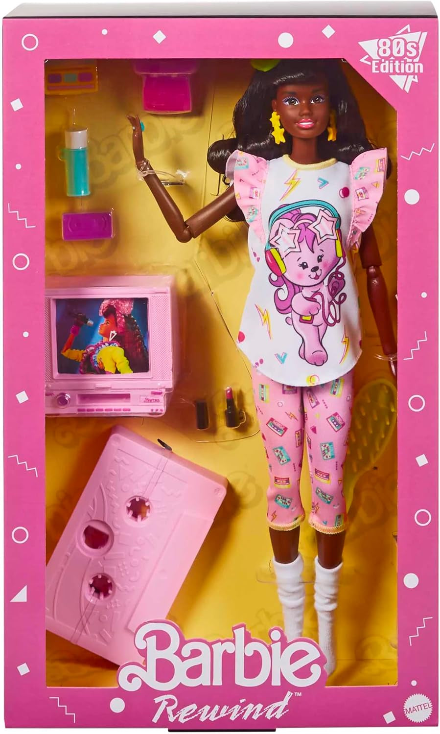 Barbie Rewind - Nostalgická sběratelská figurka ve stylu 80. let s nádhernými vlasy a oblečením, včetně TV, popcornu a telefonu, pro fanoušky a sběratele, HJX19