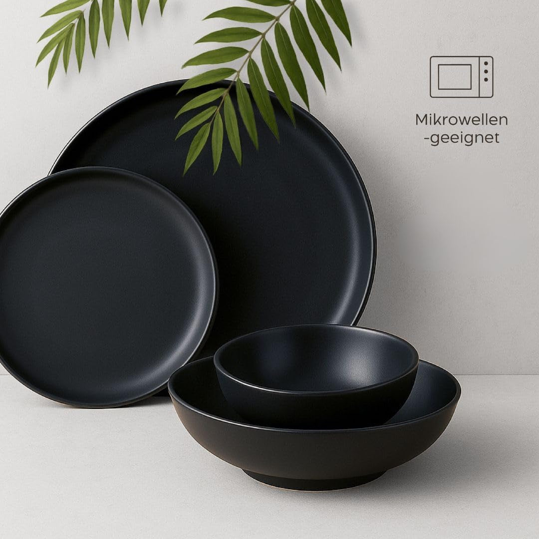 Sada kameninových talířů pro 6 – matná černá 6dílná sada Velké talíře vhodné do mikrovlnné trouby Elegantní design – kolekce Twinzee Ebony