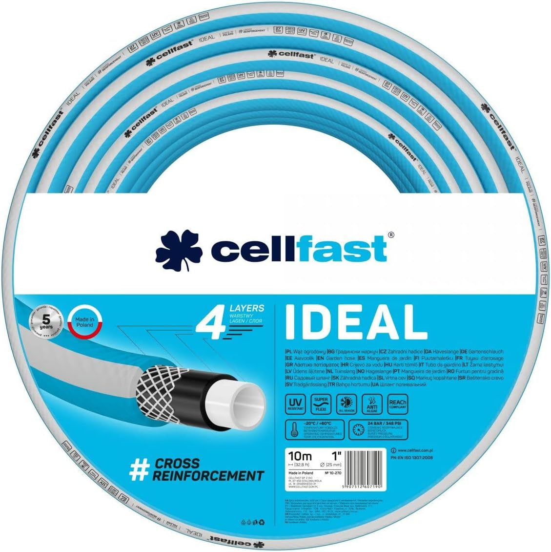 Zahradní hadice Cellfast IDEAL, Odolná, Flexibilní, 4 vrstvy, Odolný křížový oplet, odolná proti UV záření a řasám, Technologie REACH, 27 bar, -20/+60° krátkodobě 1", 10m